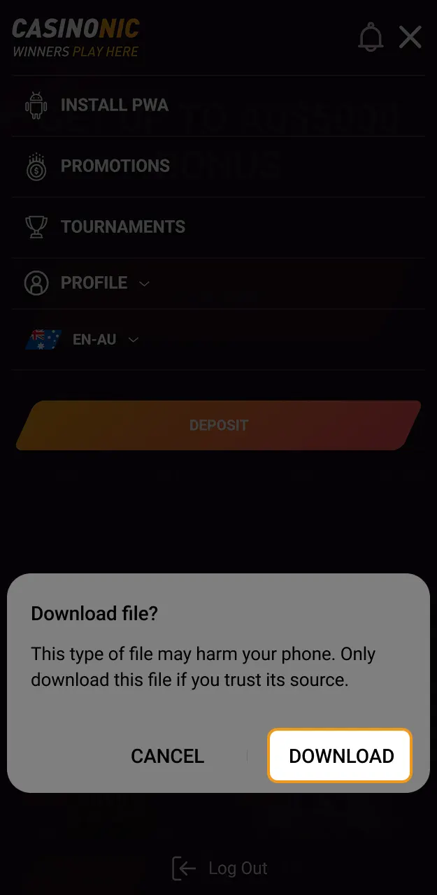 Save the Casinonic Android app file to your phone to proceed with installation.
