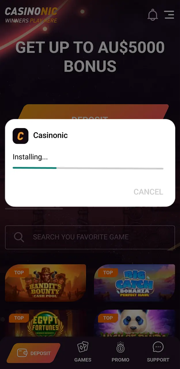 Complete the Casinonic app update process and wait for the final installation.
