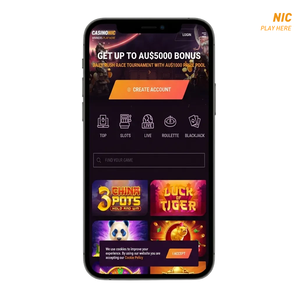 Casinonic mobile app interface showing casino games and sports betting options for Android and iOS devices