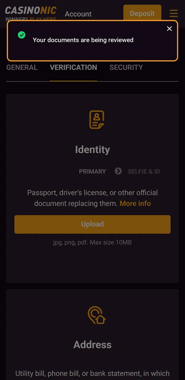 Wait for the Casinonic team to review your verification data thoroughly.