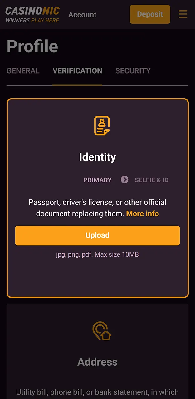 Gather your ID cards for verification to verify your Casinonic profile.