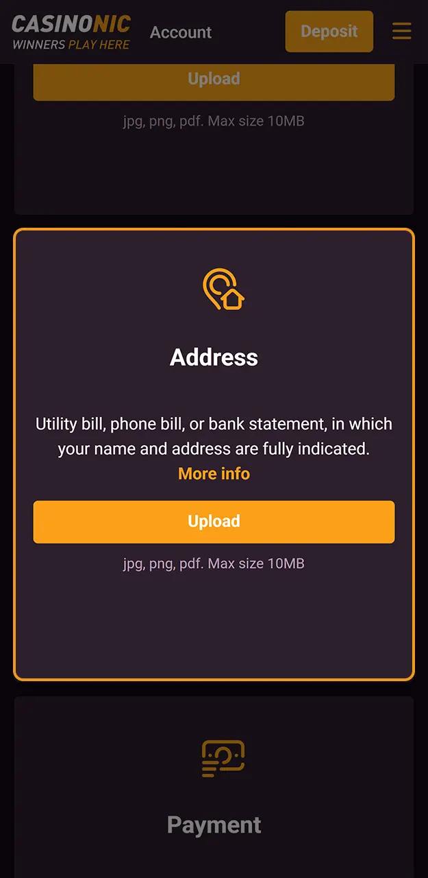 Provide a valid utility bill for the Casinonic verification process today.