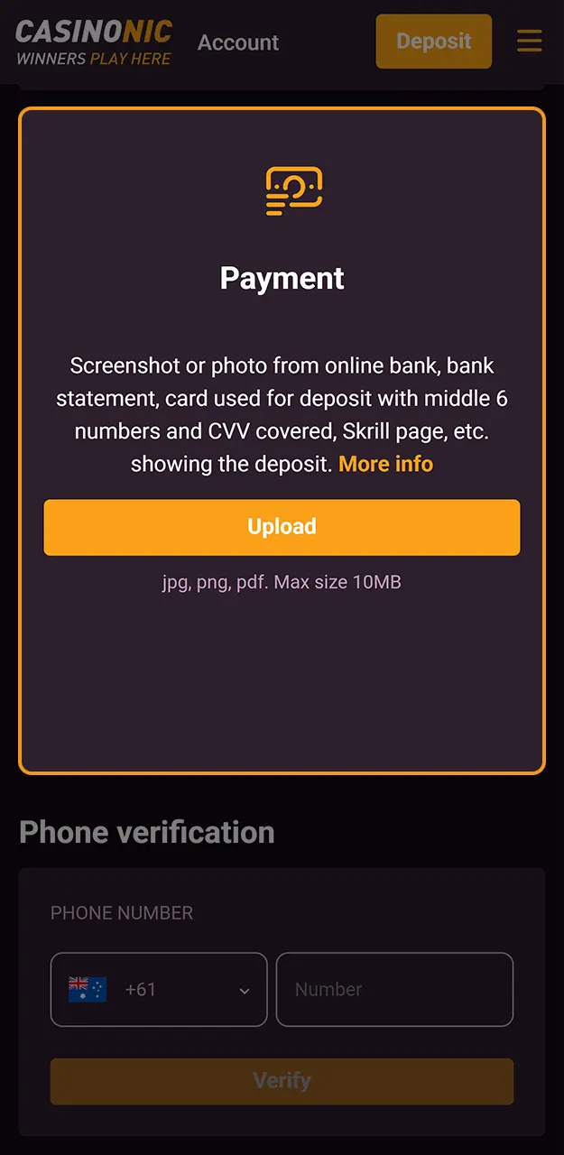 Submit your files for verification through the secure Casinonic member area.