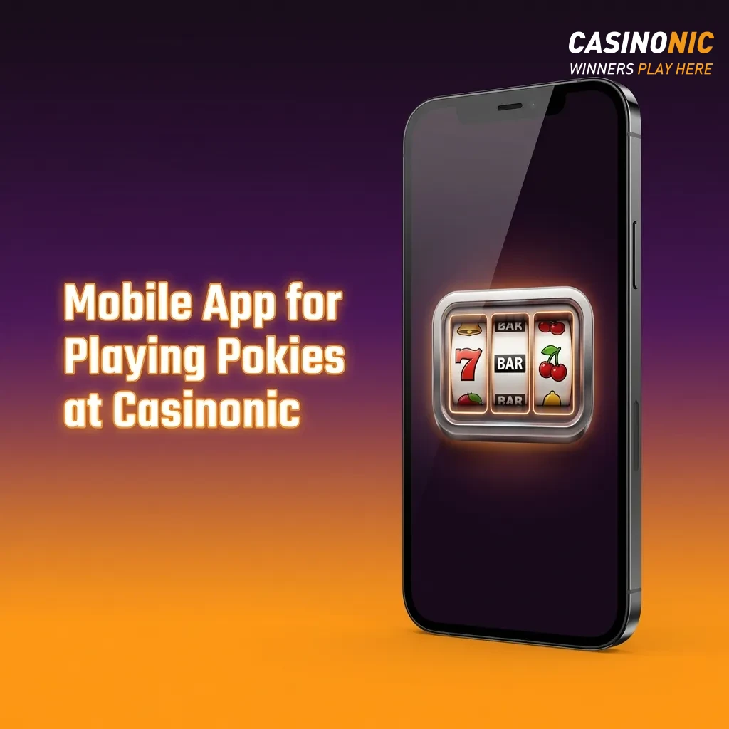 Casinonic mobile app interface showing pokie games library with menu navigation and betting controls on smartphone