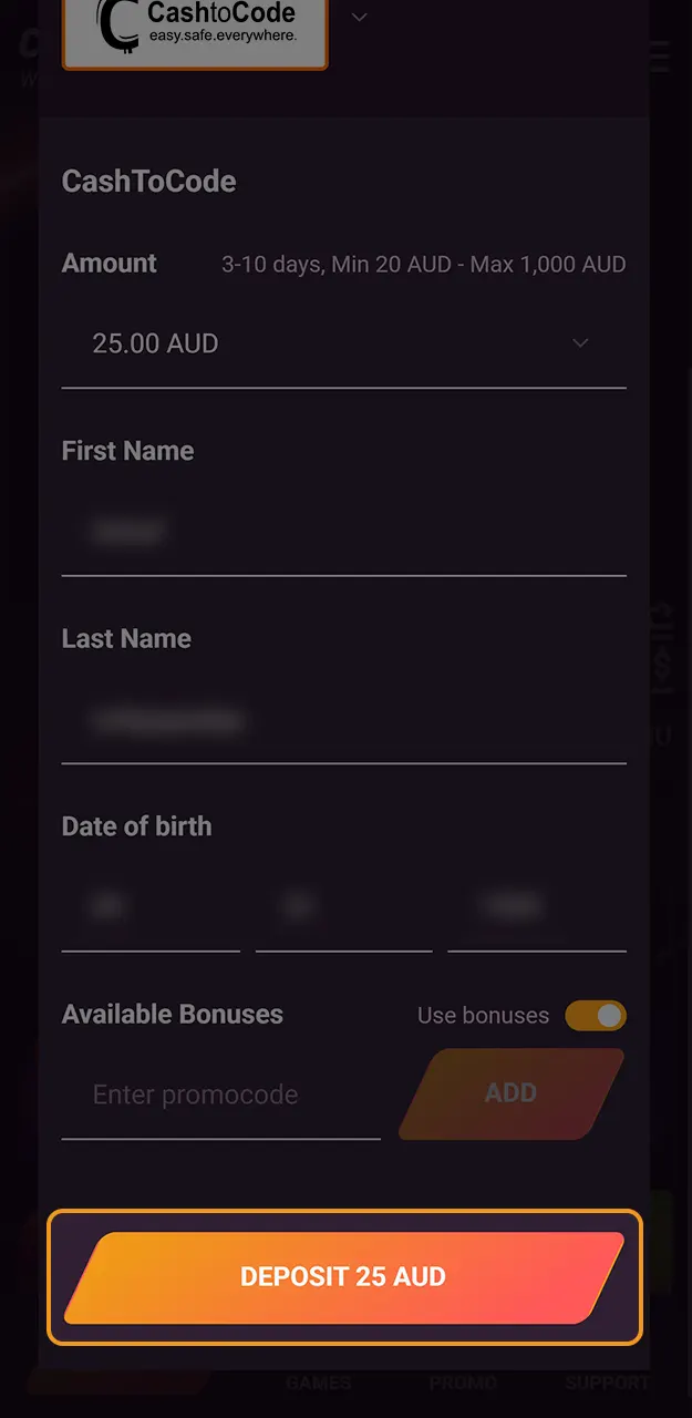 Verify your Casinonic deposit details and finish the payment process.