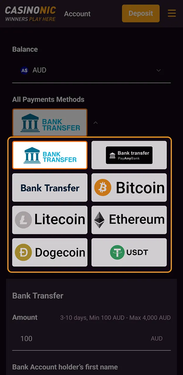 Pick the most convenient Withdrawal option available at Casinonic for you.