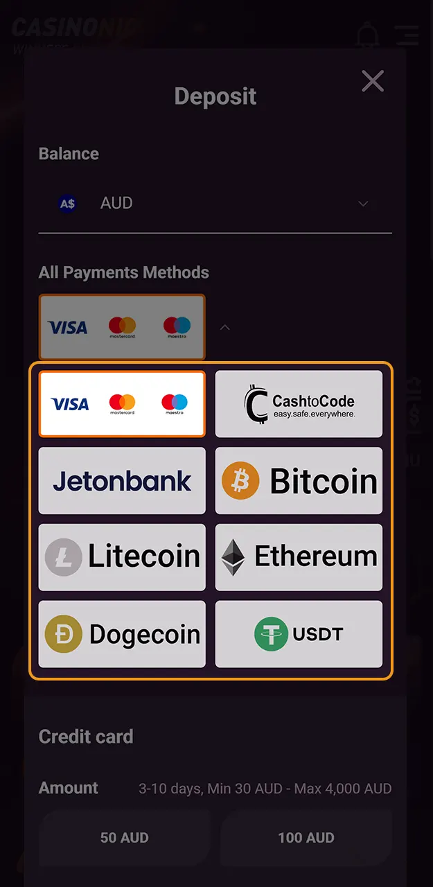 Add funds to your balance to enjoy real money pokies at Casinonic.