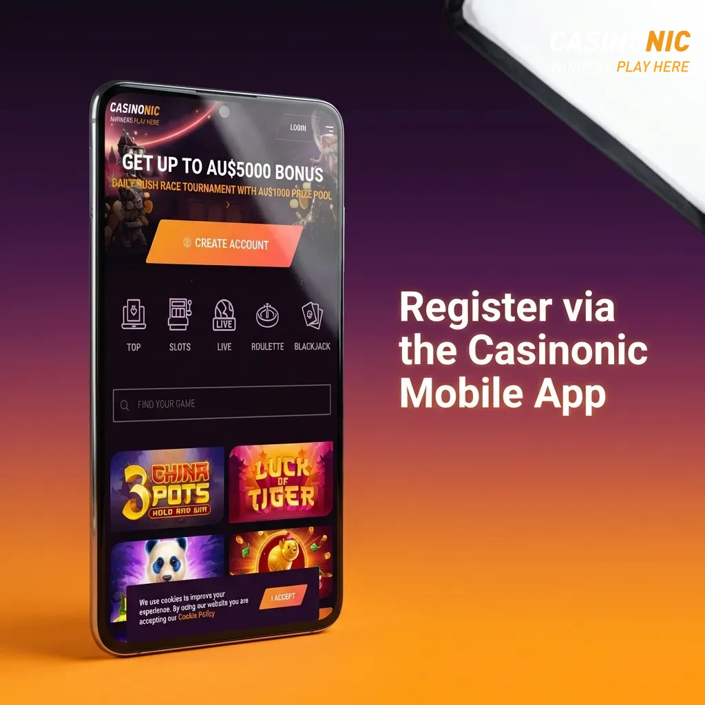 Casinonic mobile app registration screen showing sign-up options including email, phone, and social media login methods.