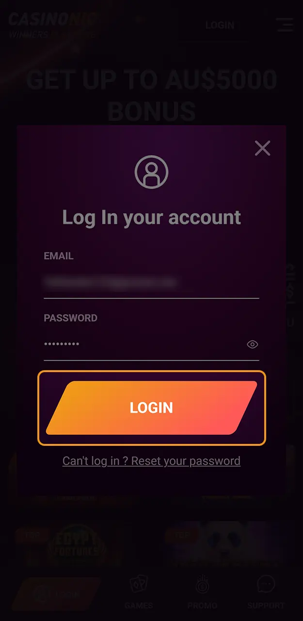 Click the login button and enter your Casinonic account to enjoy games.