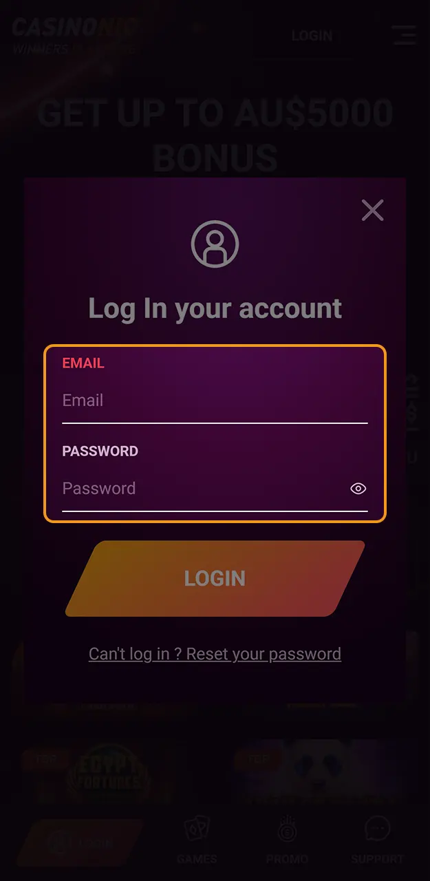 Provide your login credentials to gain access to your Casinonic dashboard.