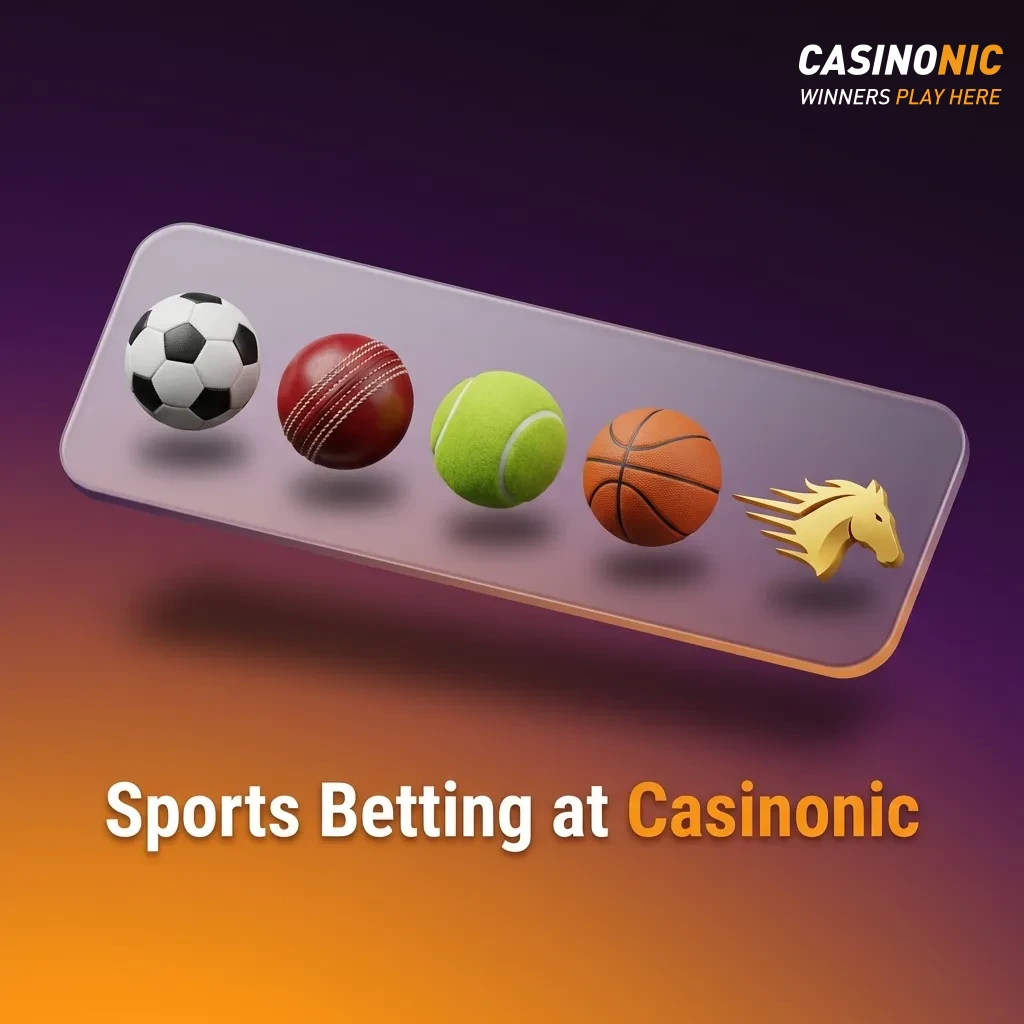 Casinonic sportsbook interface showing 30+ sports including cricket, AFL, NRL, tennis, and horse racing betting options