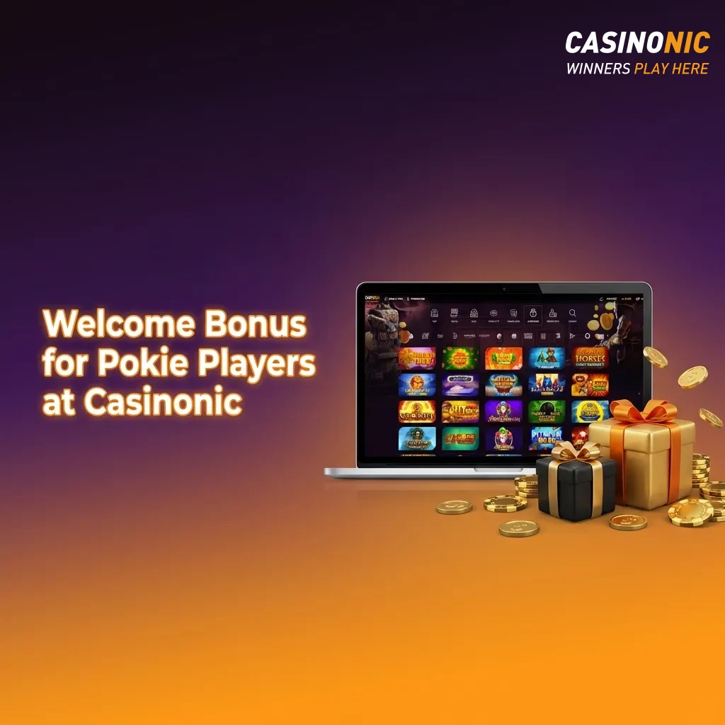 Casinonic welcome bonus graphic showing 550% match up to $5,000 for new pokie players across five deposits