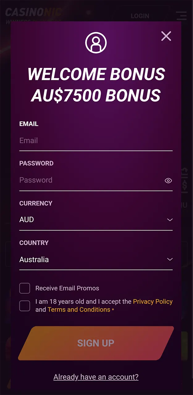 Create an account in the Casinonic app.